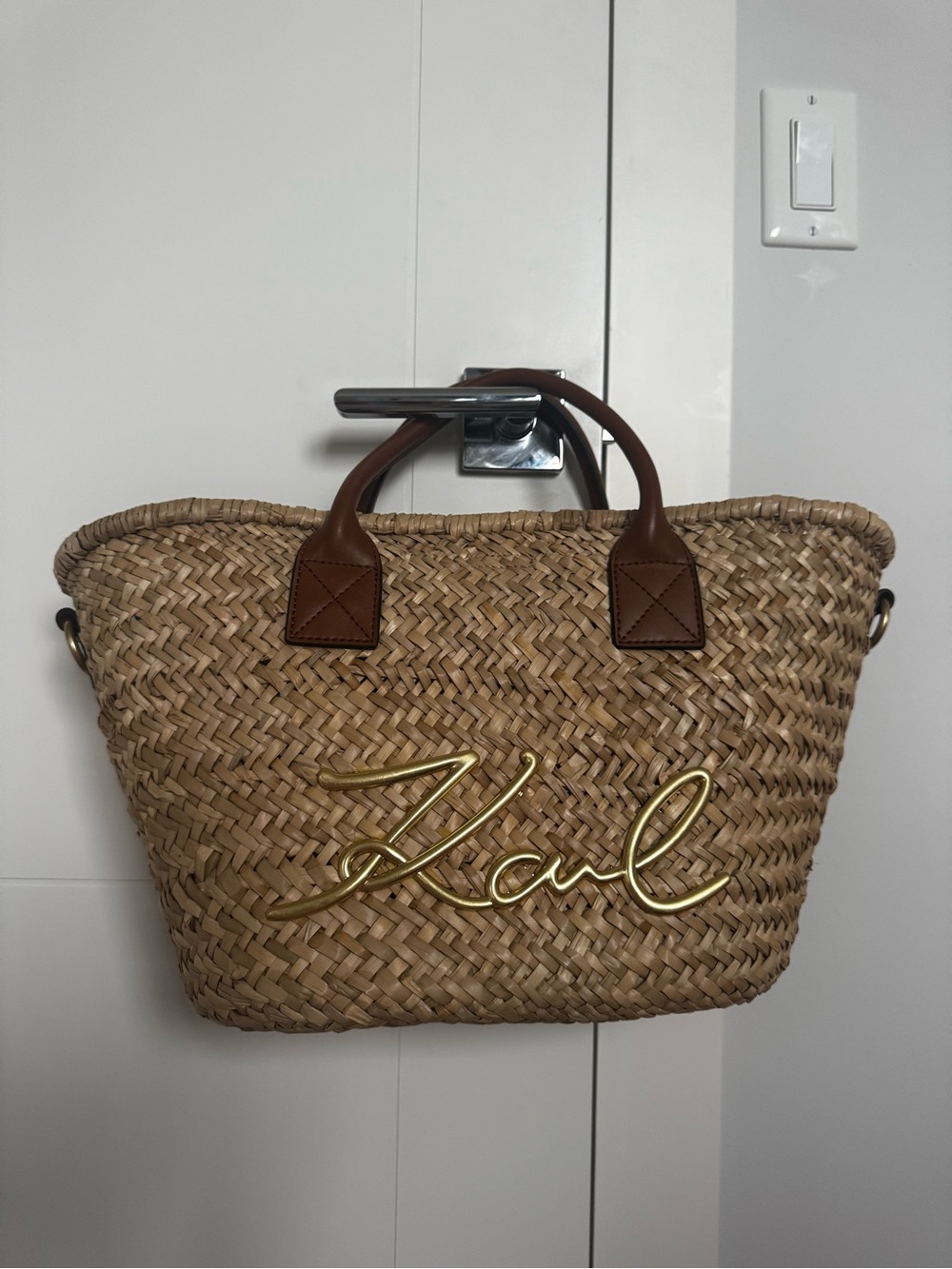 Karl Lagerfeld Natural Straw Tote with Brown Leather Handles and Gold Logo
